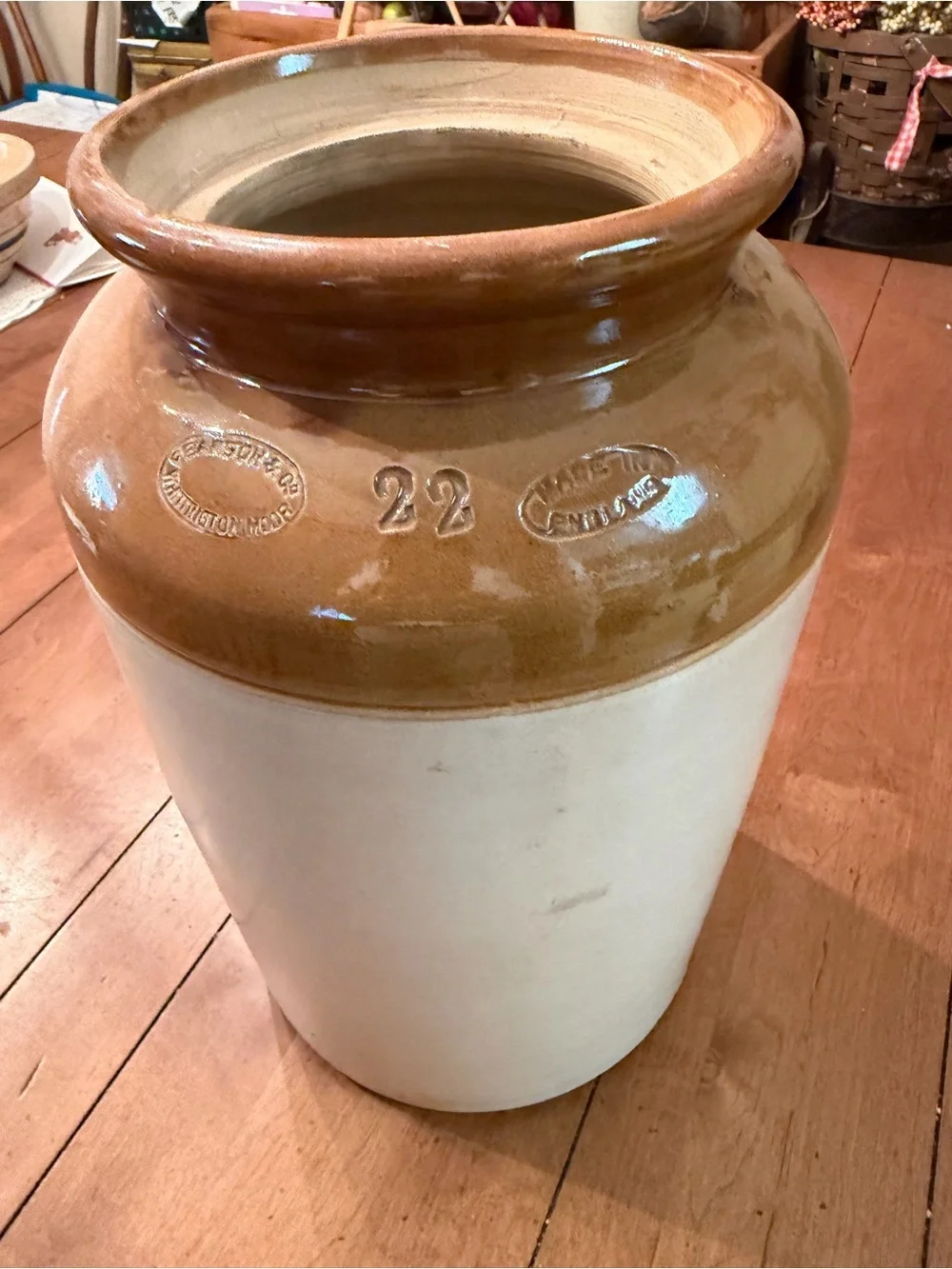 Stoneware Crock Vase - Two-Tone Brown and Cream Ceramic